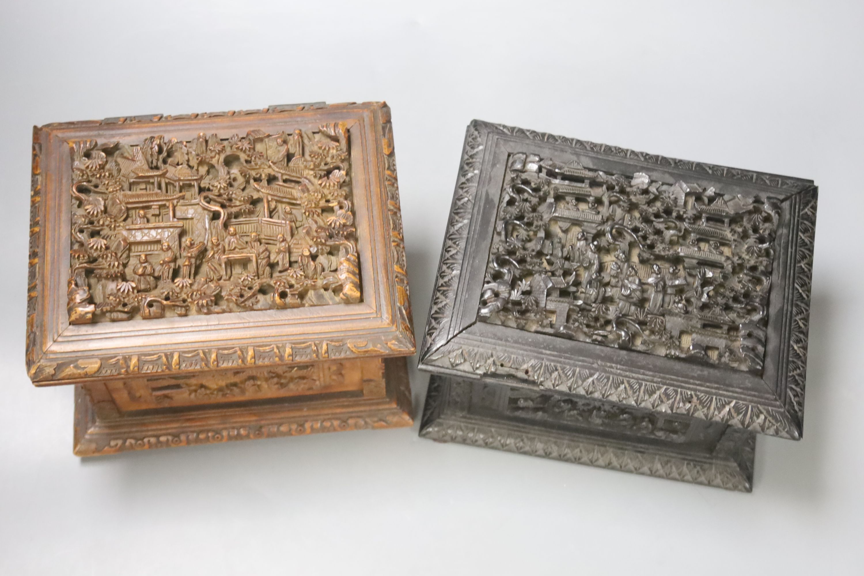 Three Chinese carved wood caskets, largest 17 x 13cm 12cm high